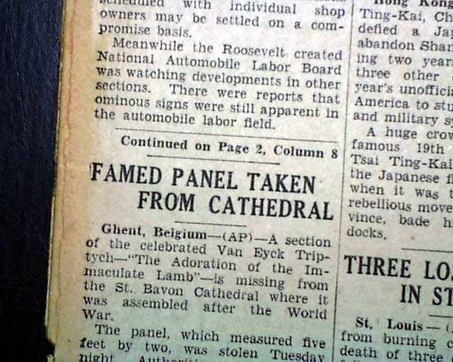 Ghent Altarpiece Stolen Van Eyck PAINTING1934 Newspaper