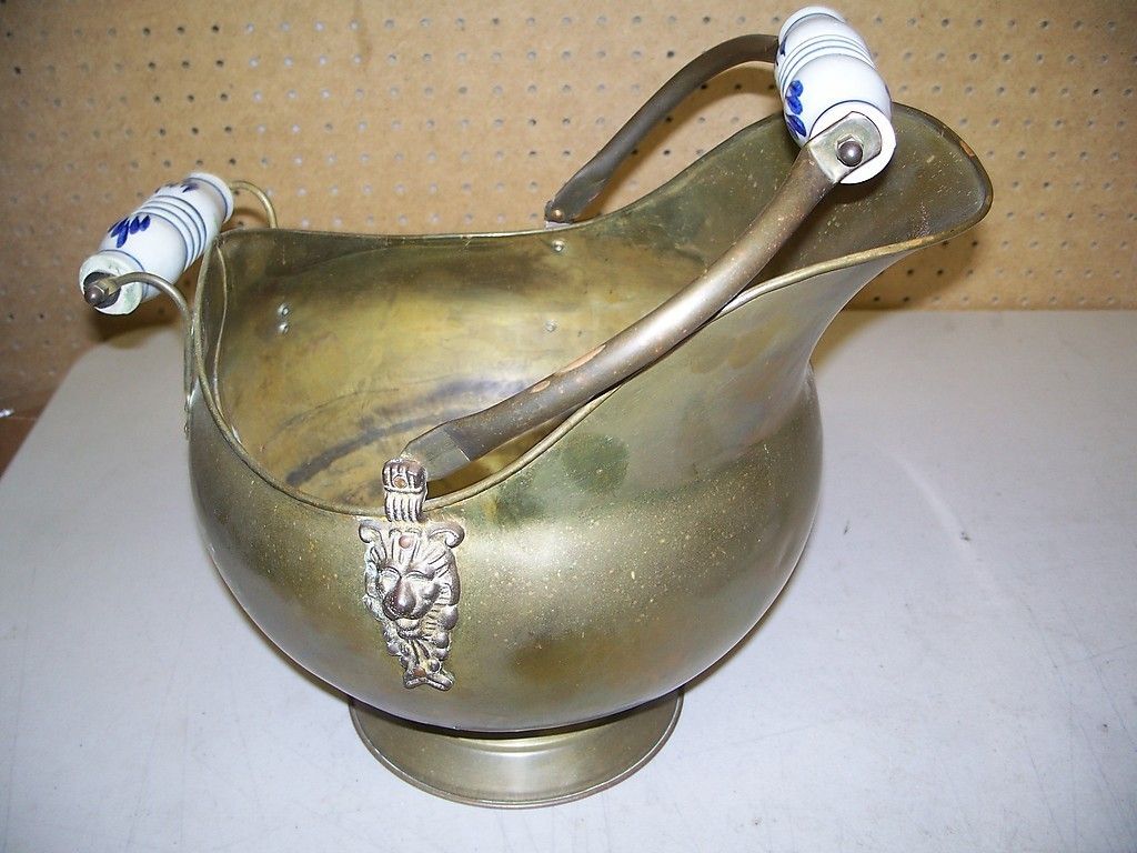 Vintage Brass and Copper Ash Bucket with Porcelain Handles
