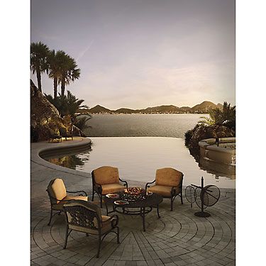 Outdoor Dining Furniture Set 4 Sunbrella Cushion Chairs Fire Pit Ice