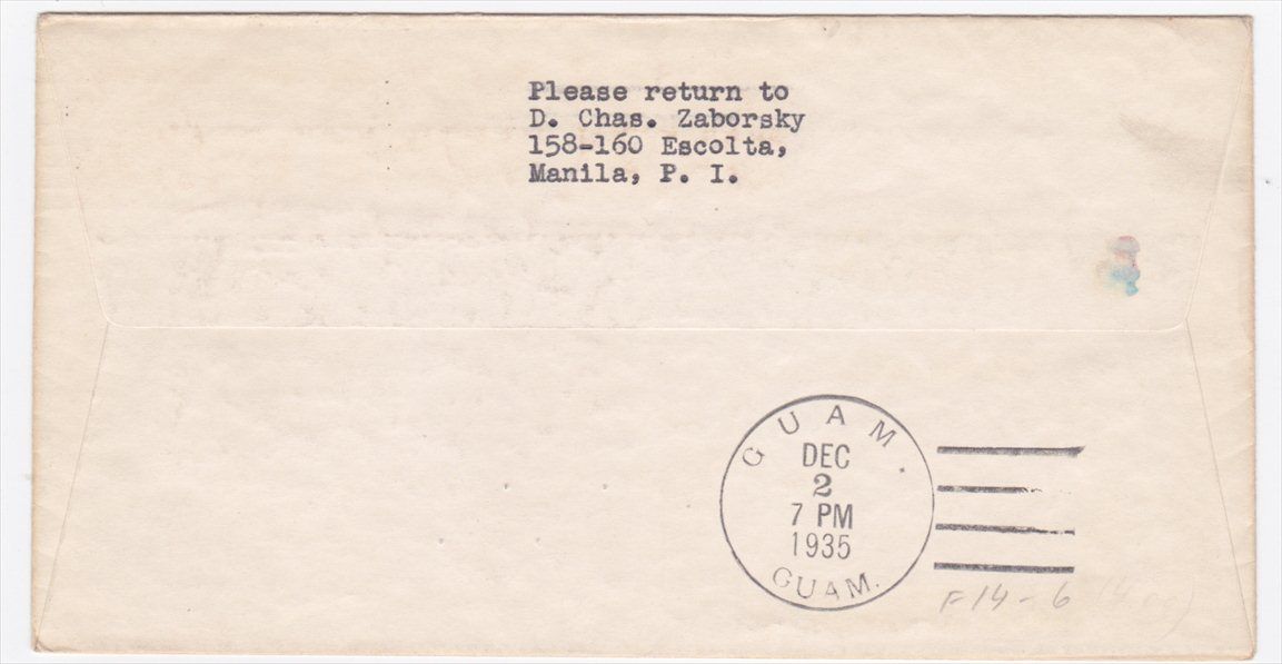 Philippines Manila to Guam 1935 Color Cacheted First Flight Cover