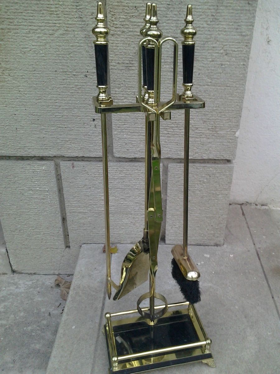 Pc BRASS MARBLE FIREPLACE Tools SET Poker Brush Tongs Shovel Rack