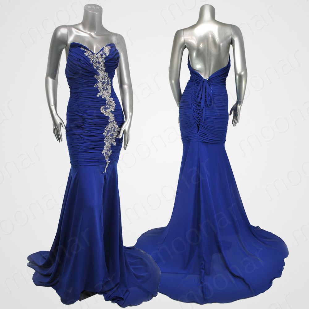 Stock Blue Prom Ball Gown Formal Long Maxi Bead Bridesmaid Dress