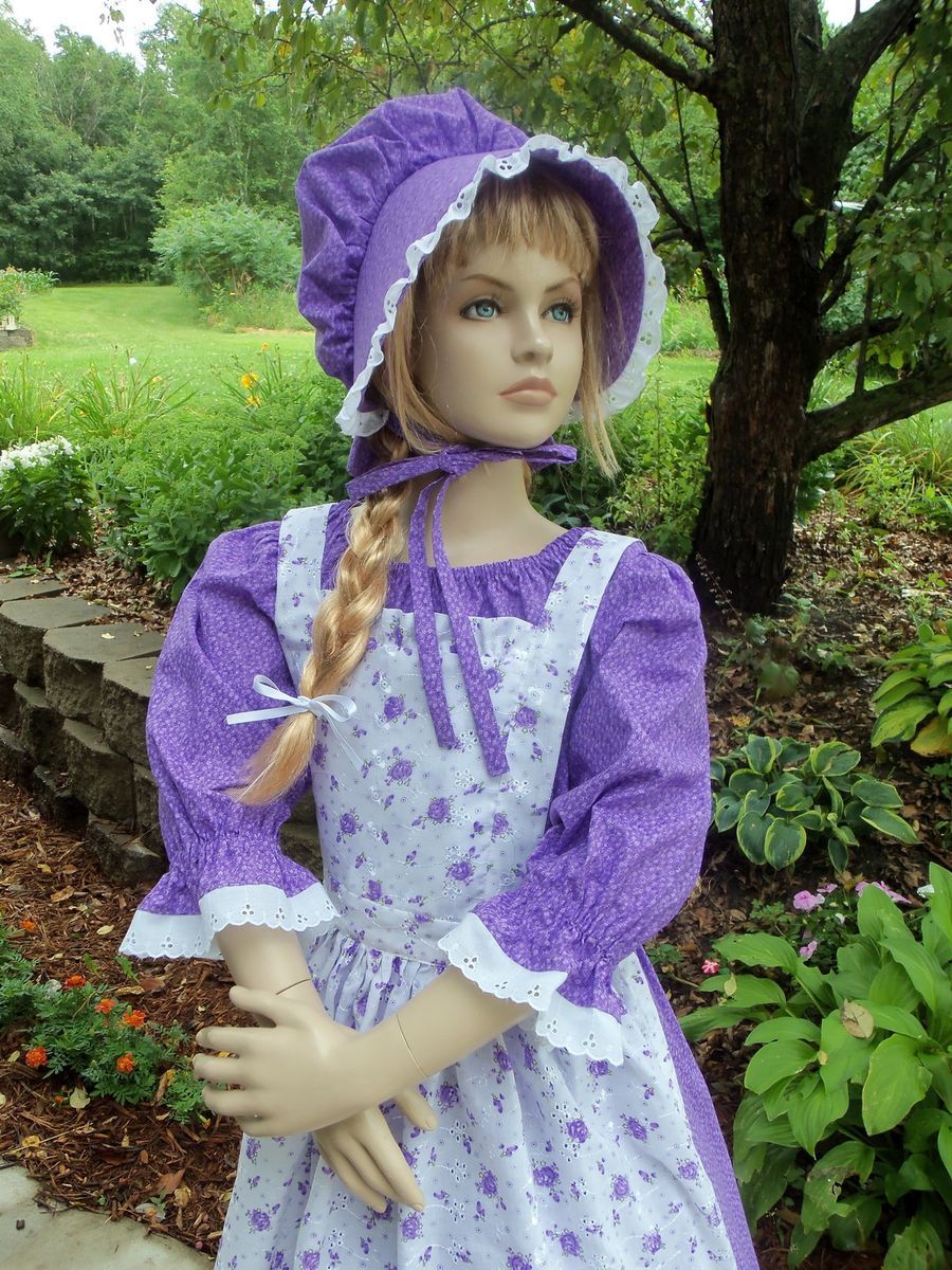 Girls Pioneer Prairie Colonial Civil War Dress Costume Purple Eyelet