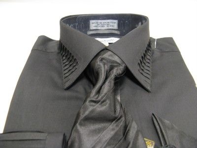 New Fratello Fashion Dress Shirt w Tie and Hanky Pleated Black Size 16