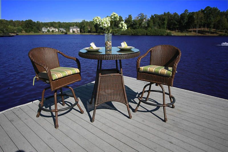 Outdoor Patio Furniture 3 Piece Dark Wicker Bar Style Bistro Set with