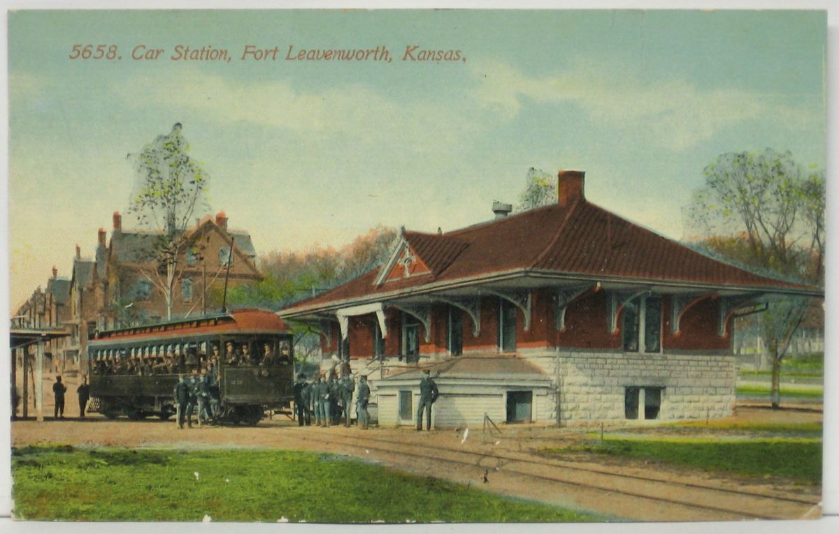   INTERURBAN CAR STATION Postcard FORT LEAVENWORTH Depot Army Soldiers