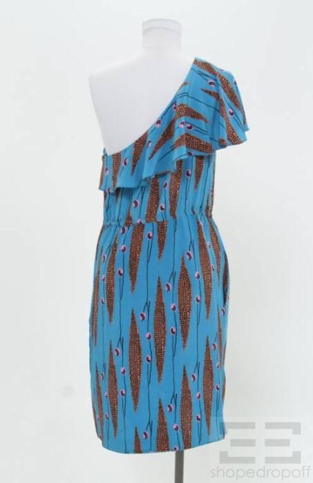 Frock by Tracy Reese Blue Orange Printed Silk One Shoulder Dress Size