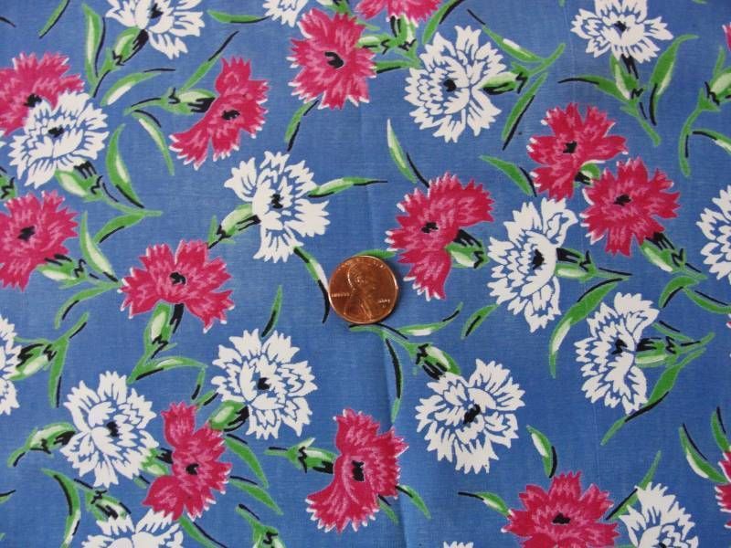  Yard Vintage Cold Rayon Printed Pink Fabric Carnations on French Blue