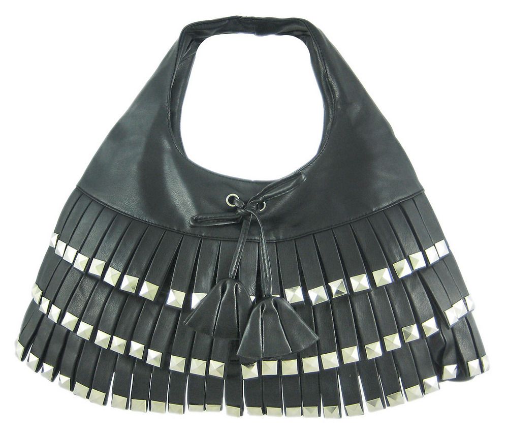 chrome pyramid studded black vinyl fringe handbag