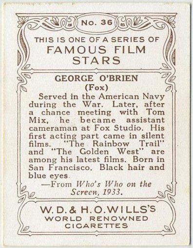 George OBrien Vintage 1934 Wills Famous Film Stars Tobacco Card 36 MD