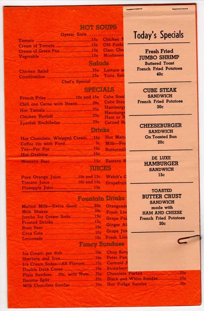 Menu from Glenn’s Drive in Restaurant in San Diego California