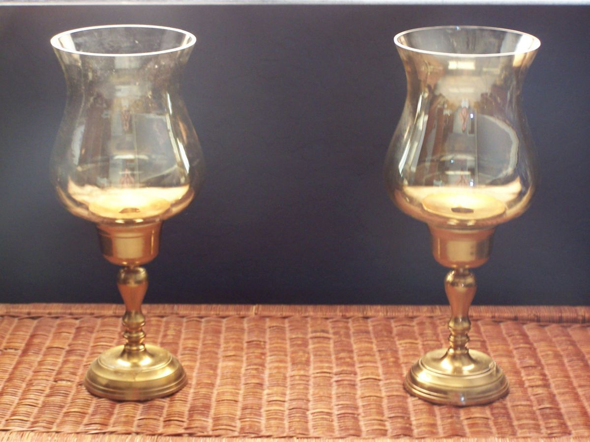Large Brass Amber Glass Hurricane Candle Holders Pearl Sheen Globes