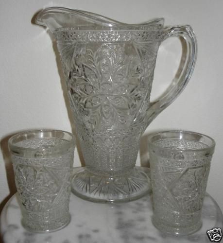 Indiana Glass Rosette with Pinwheels Pitcher 2 Tumblers