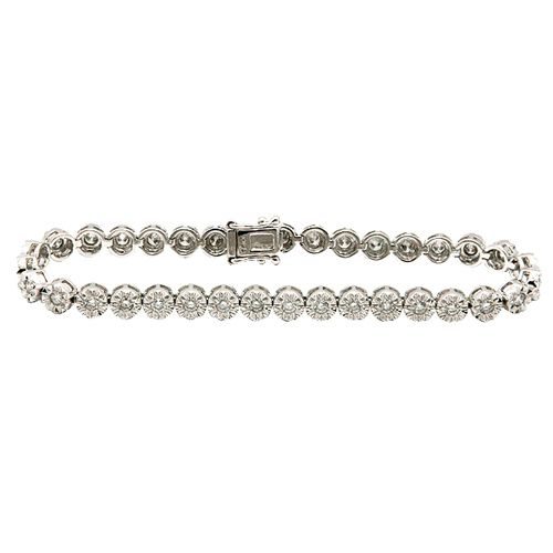  White Gold 2 02C Pave Diamond Flower Circle Tennis Milgrain Bracelet