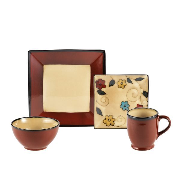 Gourmet Basics by Mikasa Belmont Square Red Flowers Dinnerware Set, 16