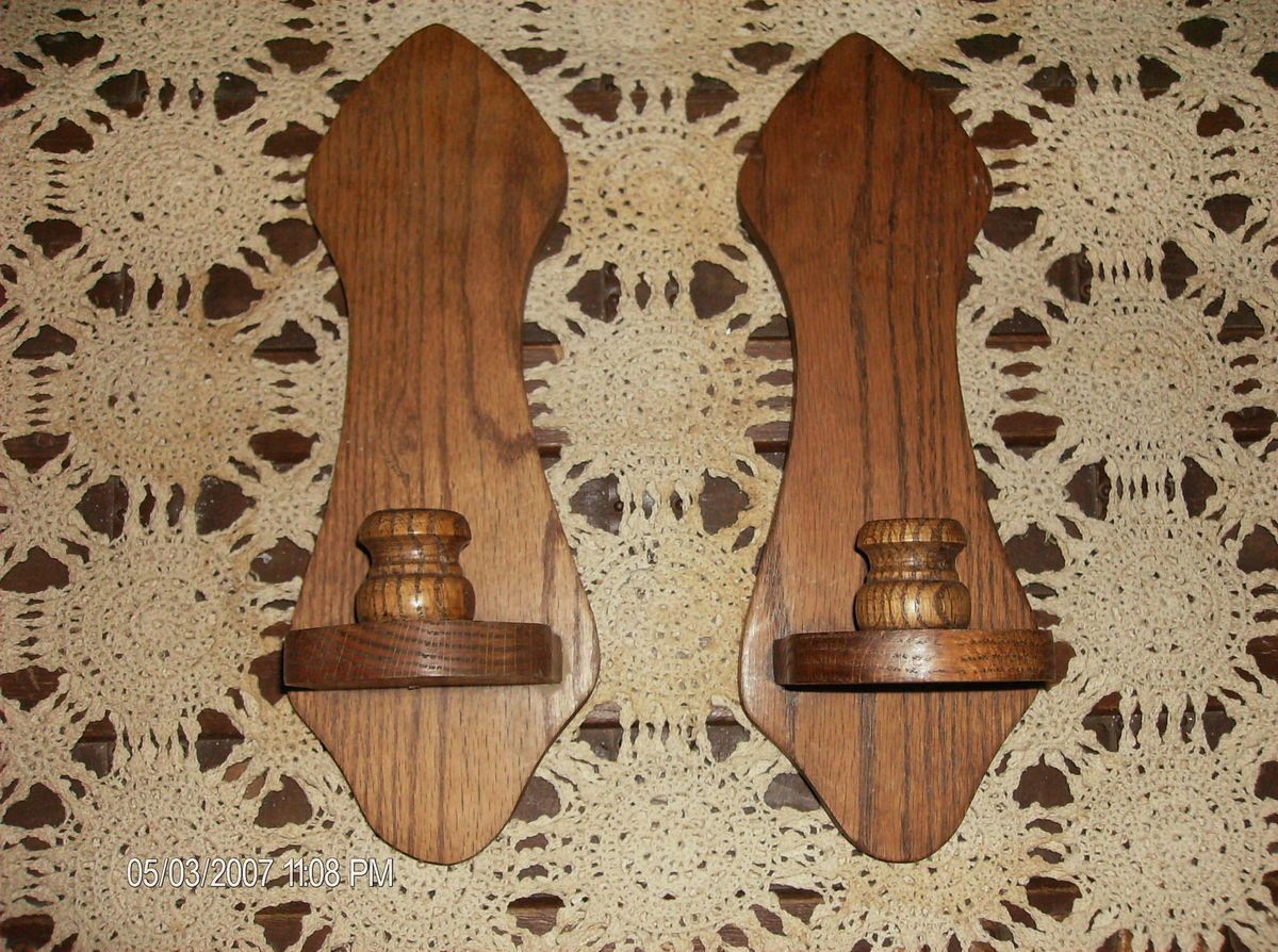 Pair of Handcrafted Solid Oak Wood Wall Hanging Sconces Candle Holders