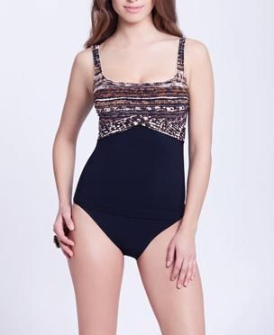 GOTTEX PROFILE Black Brown Ivory Print U W Tankini Tank Swimsuit 6 32D