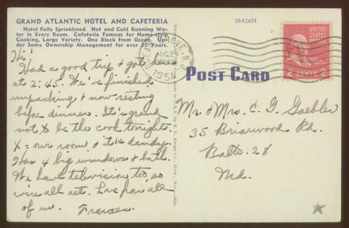 070508 Grand Atlantic Hotel Ocean Grove NJ Postcard 1954