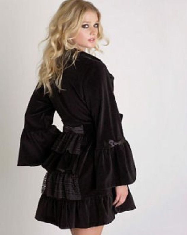  Johnson Ruffle Velour Lace Bath Robe Black M Gretchen Rossi