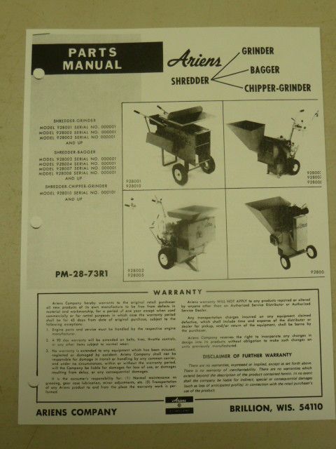 ARIENS SHREDDER GRINDER BAGGER CHIPPER PARTS MANUAL PM 28 73R1