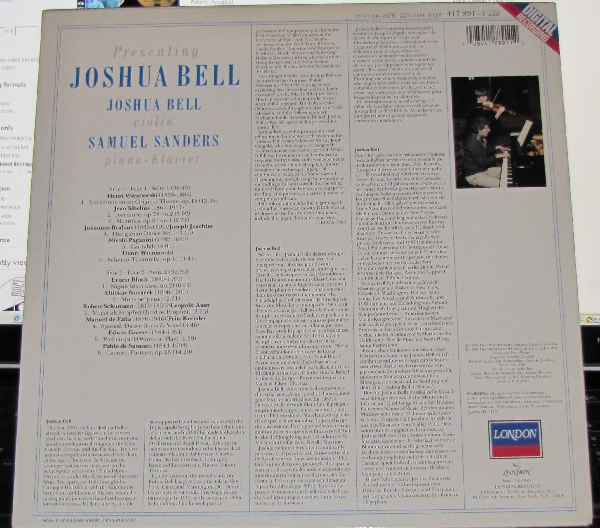 Presenting Joshua Bell Vinyl LP Brahms Paganini Sanders London Digital