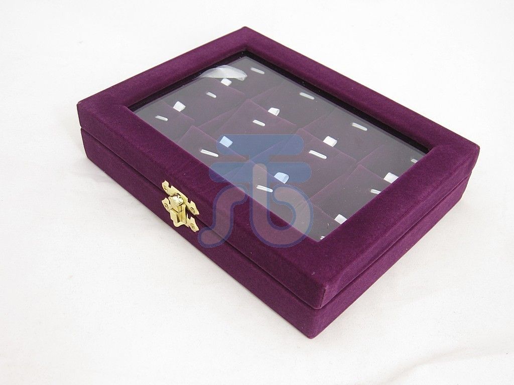 Purple Pendant Charm Compartment Jewelry Glass Top Box Case