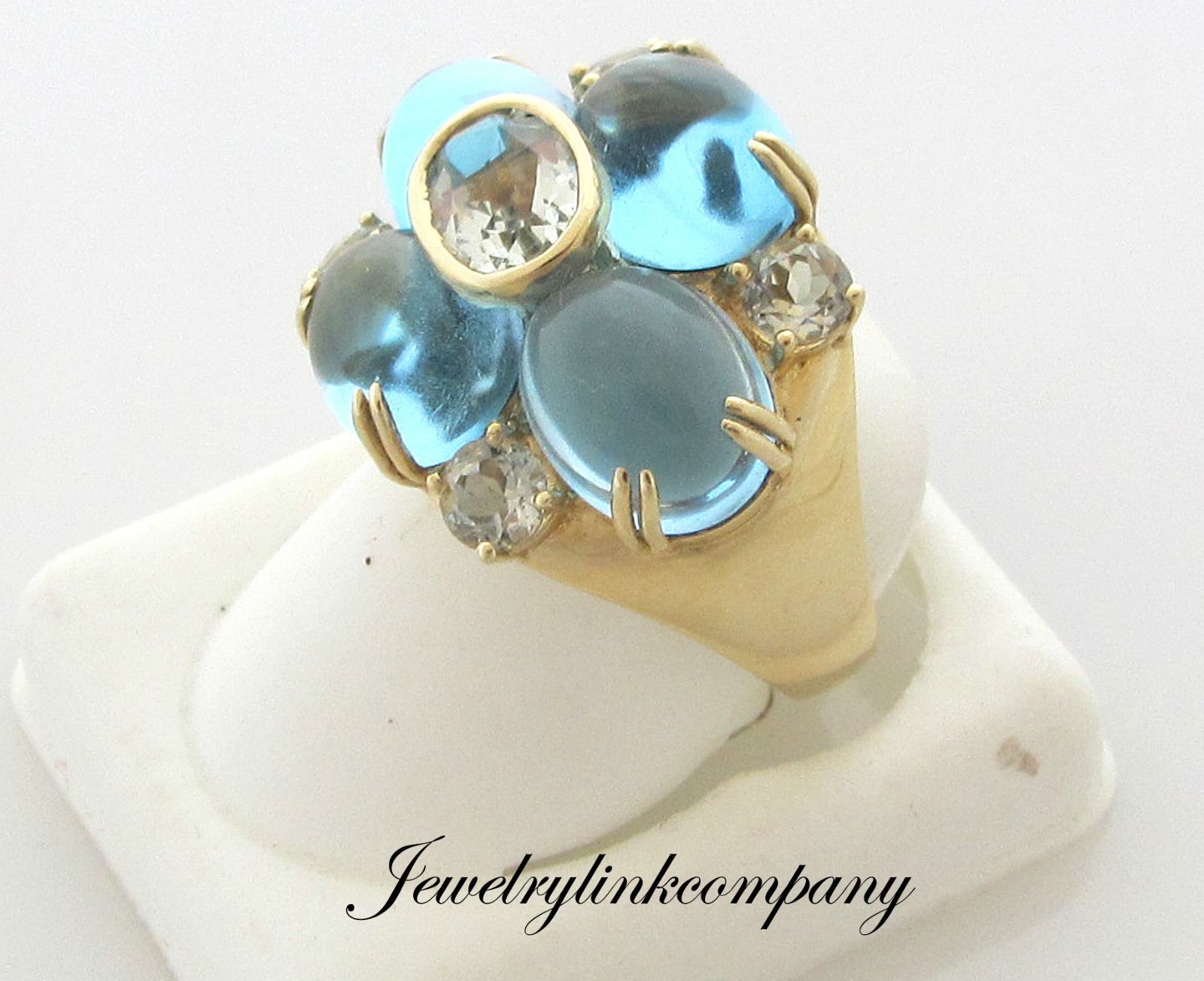  gold ring with Cabochon Blue Topaz and Green Amethyst TGW 19.12 carat