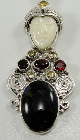 925 Sterling Pietersite Sajen Goddess Pendant White Agate Yellow Topaz