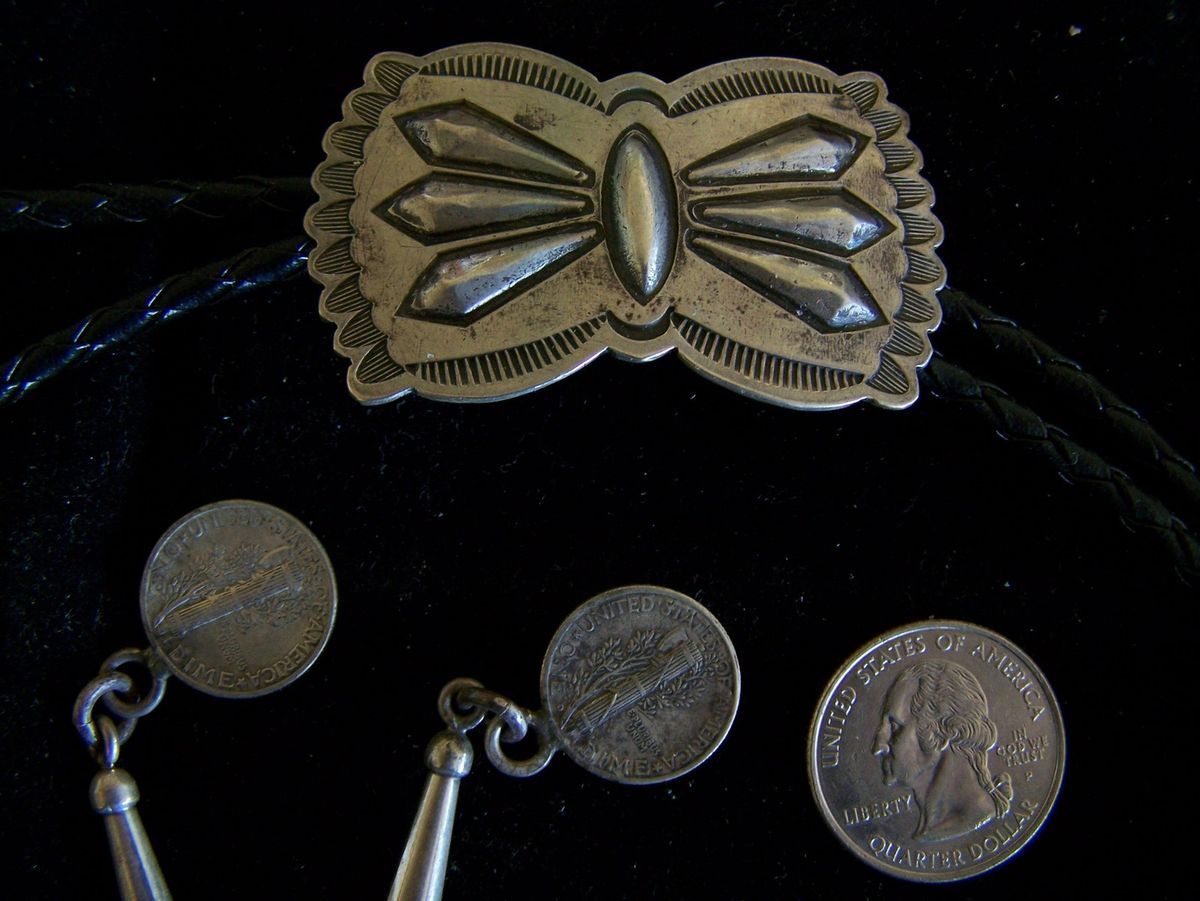 HARRY MORGAN Sterling Silver Navajo Bolo Tie w/ Old Dime Tips Concho