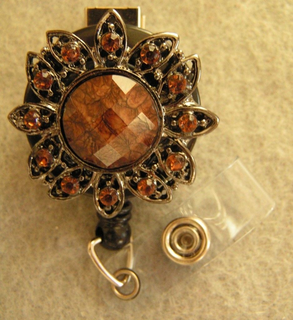 Chic Brown with Rhinestones ID Badge Holder RETRACTABLE Reel Swivel