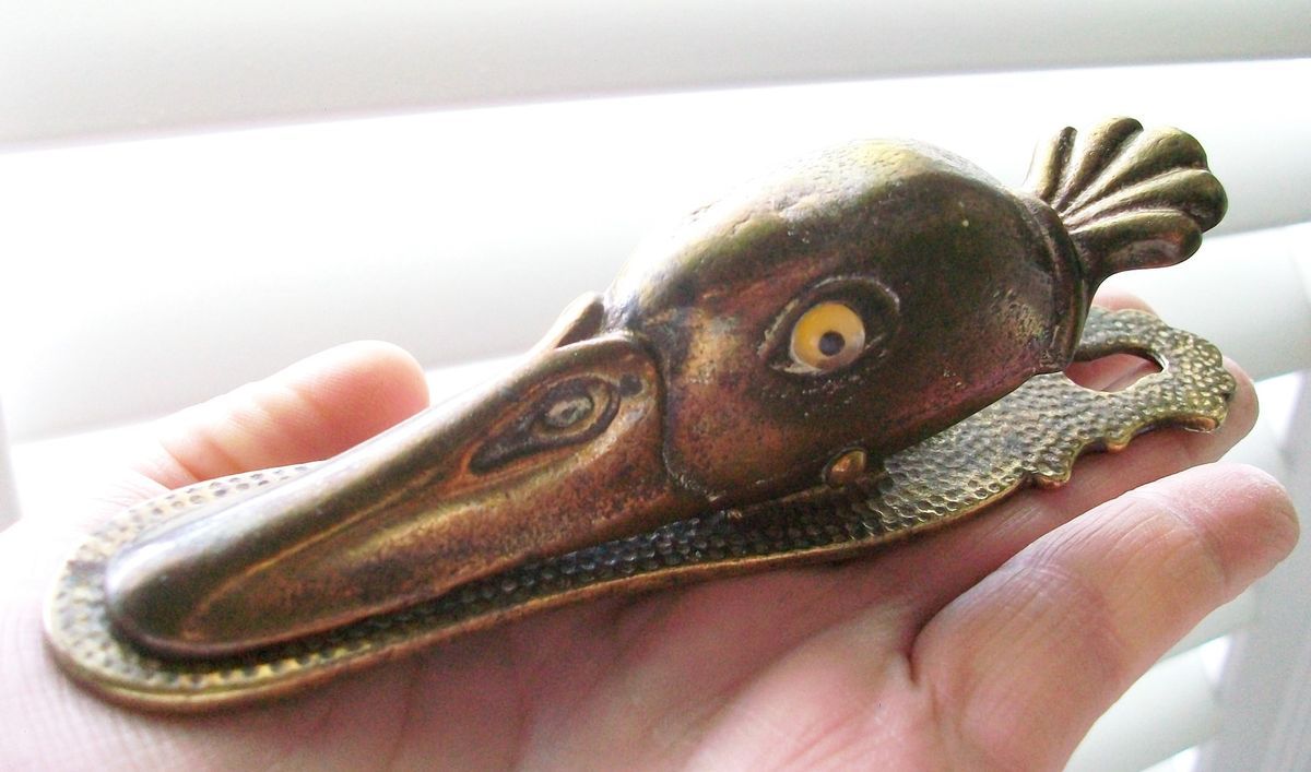 Antique Judd CAST IRON DUCK Decoy PAPER CLIP #5160 w/ GLASS EYES brass