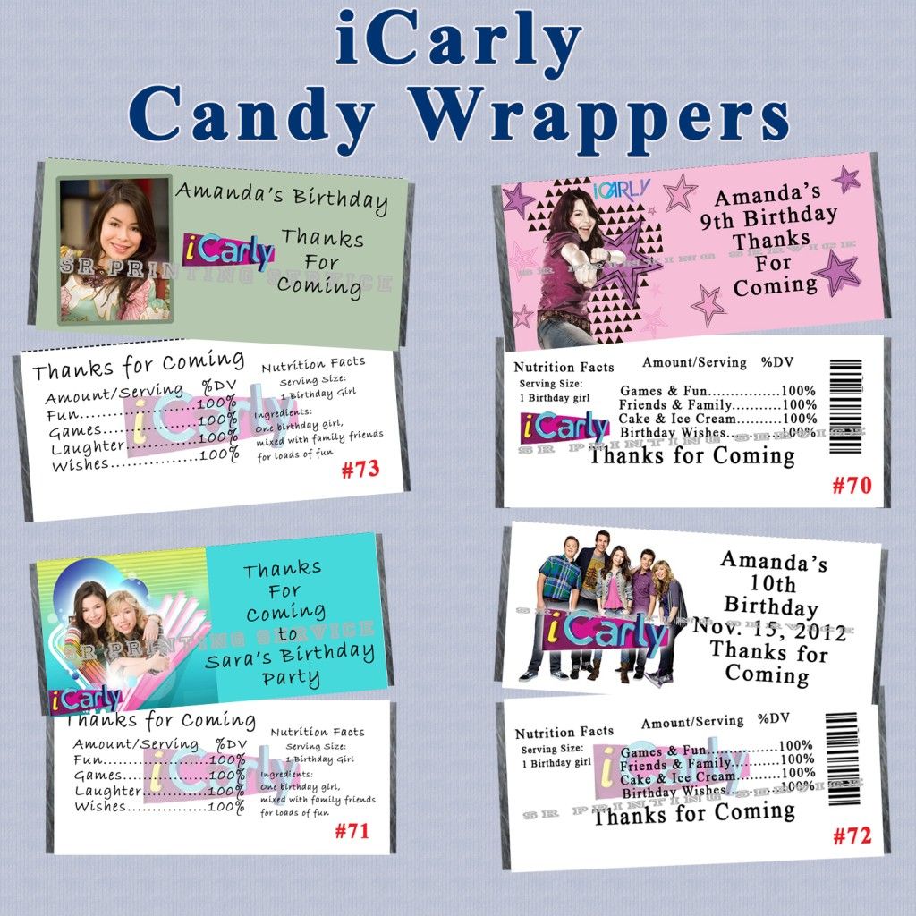 iCarly Birthday Invitations Thank You Cards Stickers Candy Wrappers