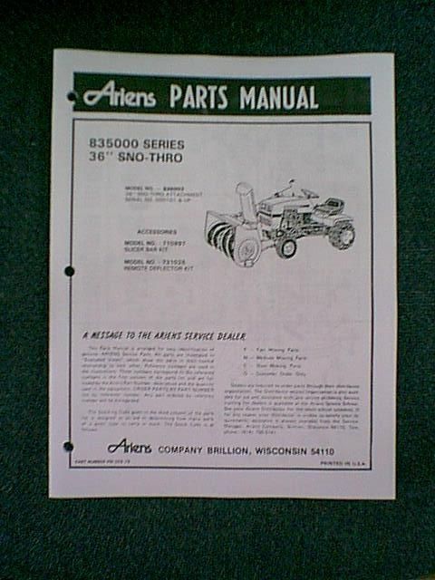 ARIENS TRACTOR 36 SNOWBLOWER ATTACHMENT MODEL # 835003 PARTS MANUAL