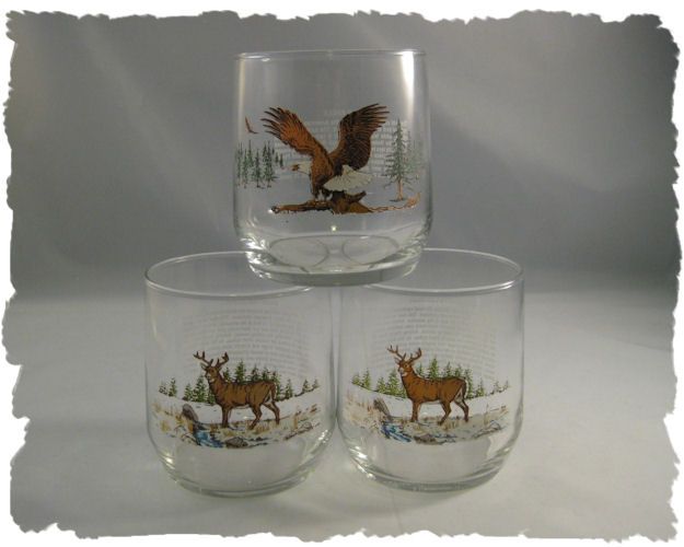 Set of 3 Wildlife Deer Bald Eagle Highball Glasses