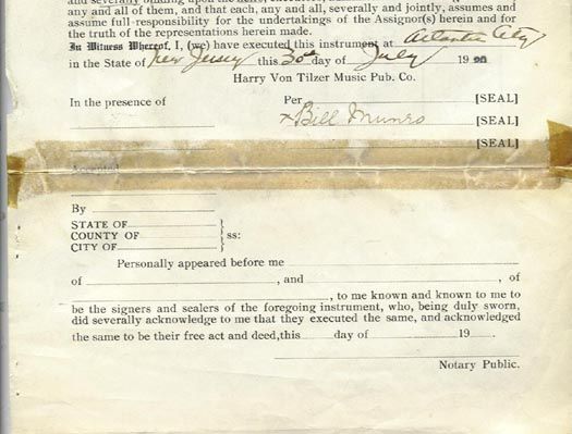 1920 Harry Von Tilzer song contract for WHEN MY BABY SMILES AT ME