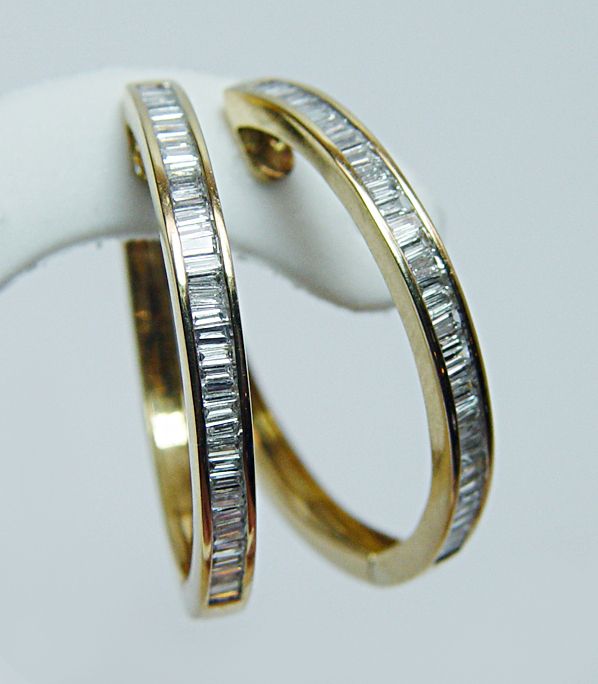 Fine Vintage 1 25ct Baguette Diamond Hoop Earrings 18K Gold Estate