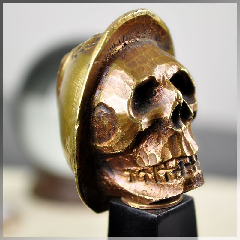  1918 WWI Memento Mori Bronze Skull on Column by E Hoffer Signed