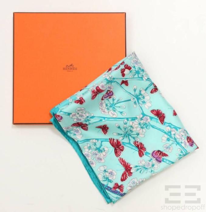 Hermes Turquoise Silk Bourthoumieux Toutsy Butterfly Floral 90cm