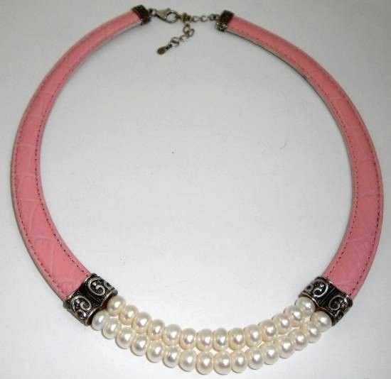 Honora Pink Leather Collar Cultured Pearl Sterling Silver Choker