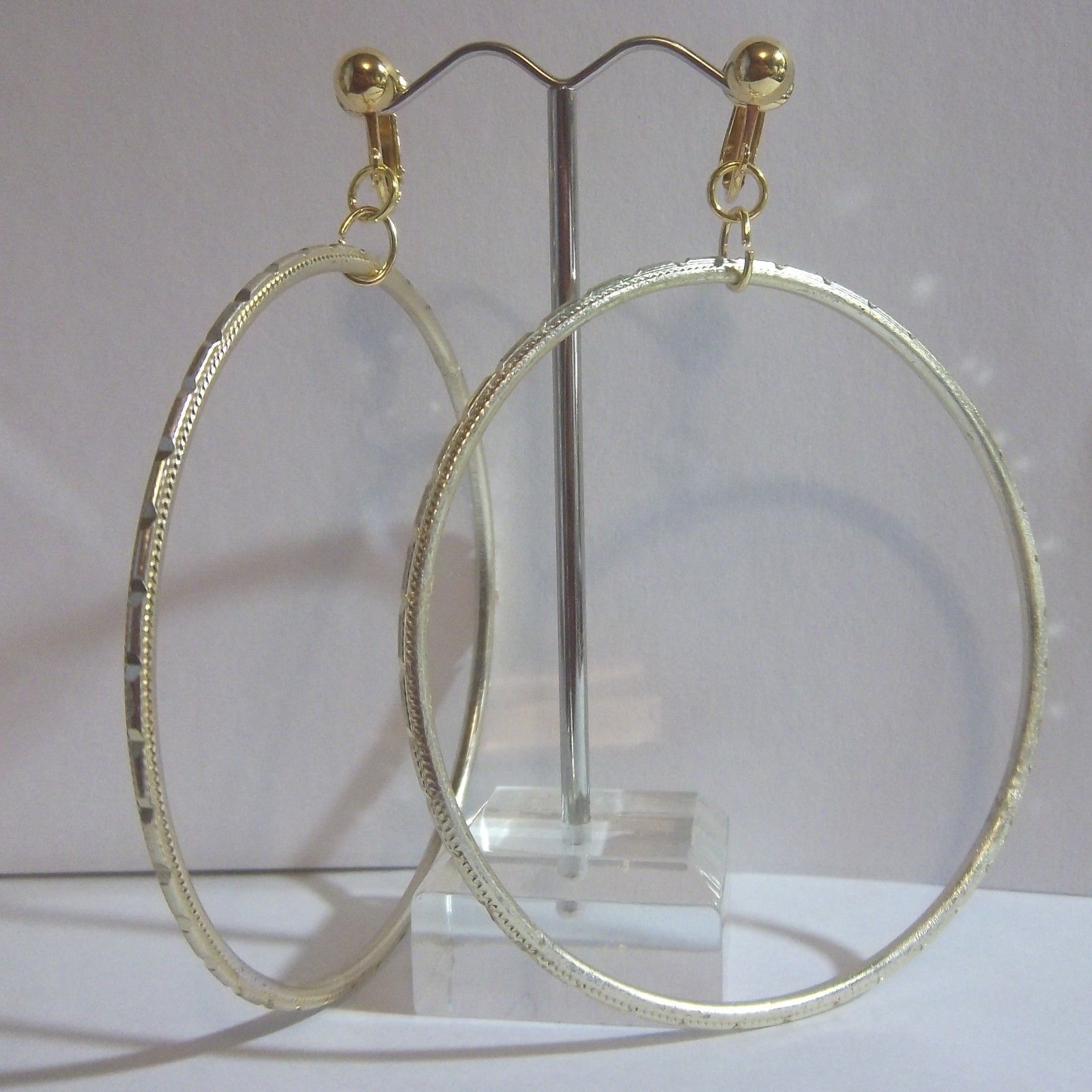 Clip on 2 75 Gold Tone Laser Cut Thin Large Hoop Earrings J294