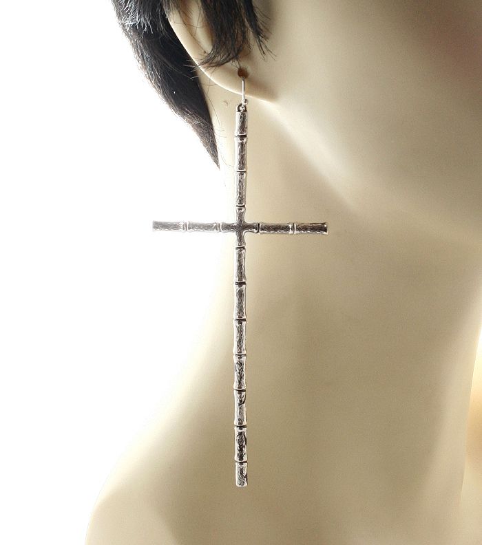 Large Silver Cross Bamboo Antique Style Love Hip Hop Earrings