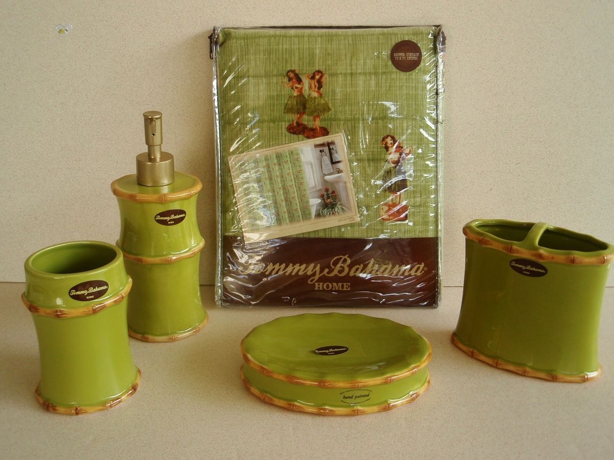  Rim Lime Ceramic Bath Set Hula Dancer Shower Curtain 5pc