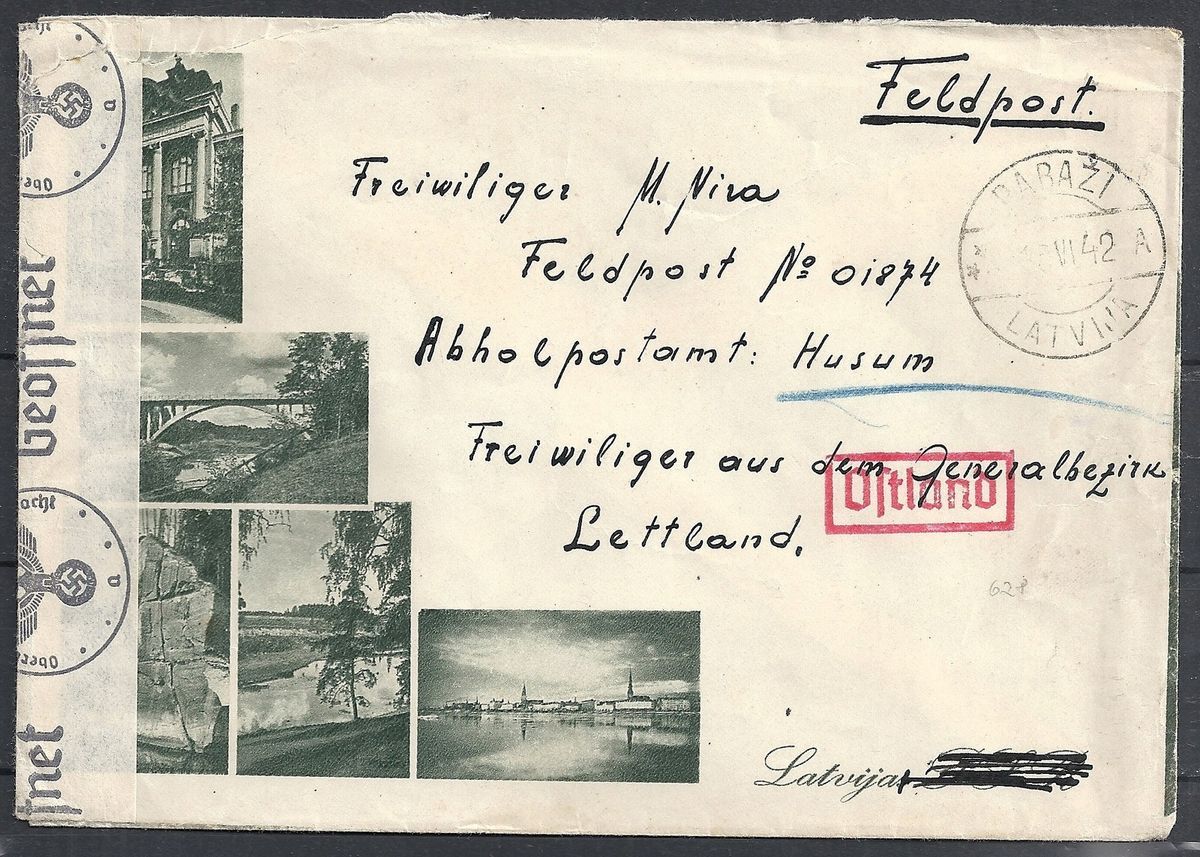 Latvia 1942 cens Fieldpostcover Pabazi to Husum