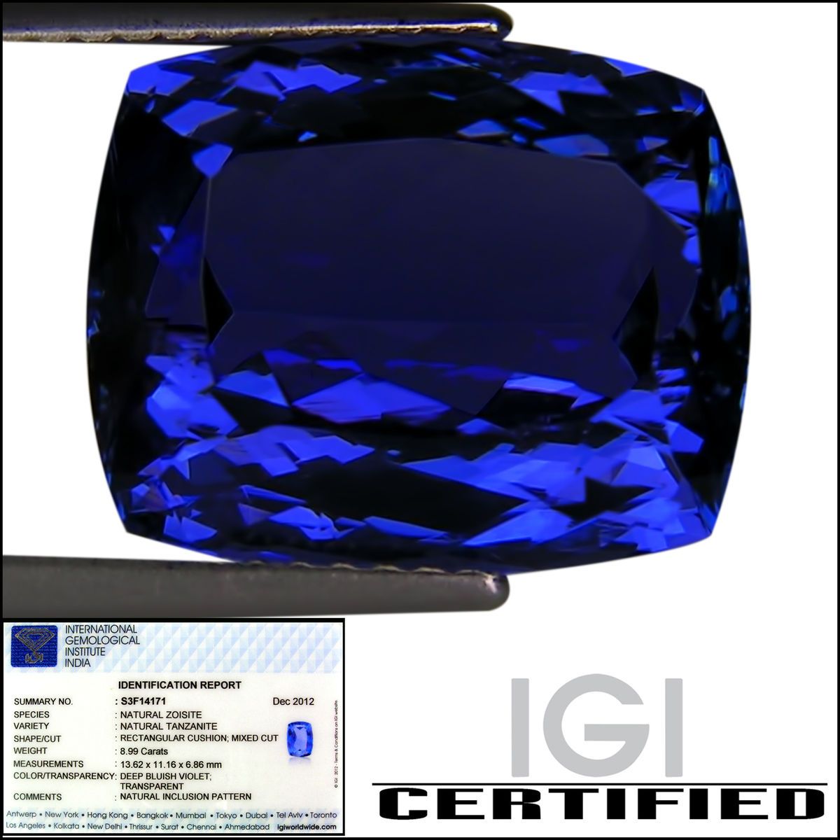IGI Certified 8 99 ct AAAA Natural DBlock Tanzanite Cushion Cut Deep