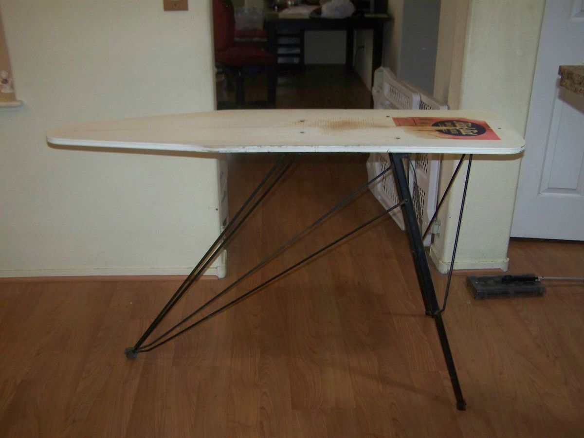 Vintage Wooden Ironing Board with Cast Iron Legs Cover and Pad