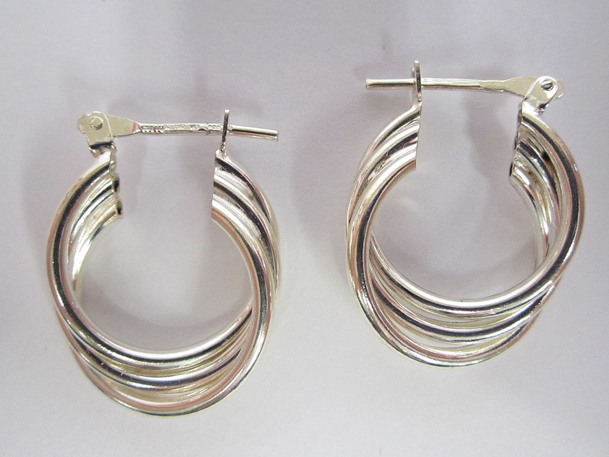 Italian Sterling Silver Triple Hoop Earrings With Post *