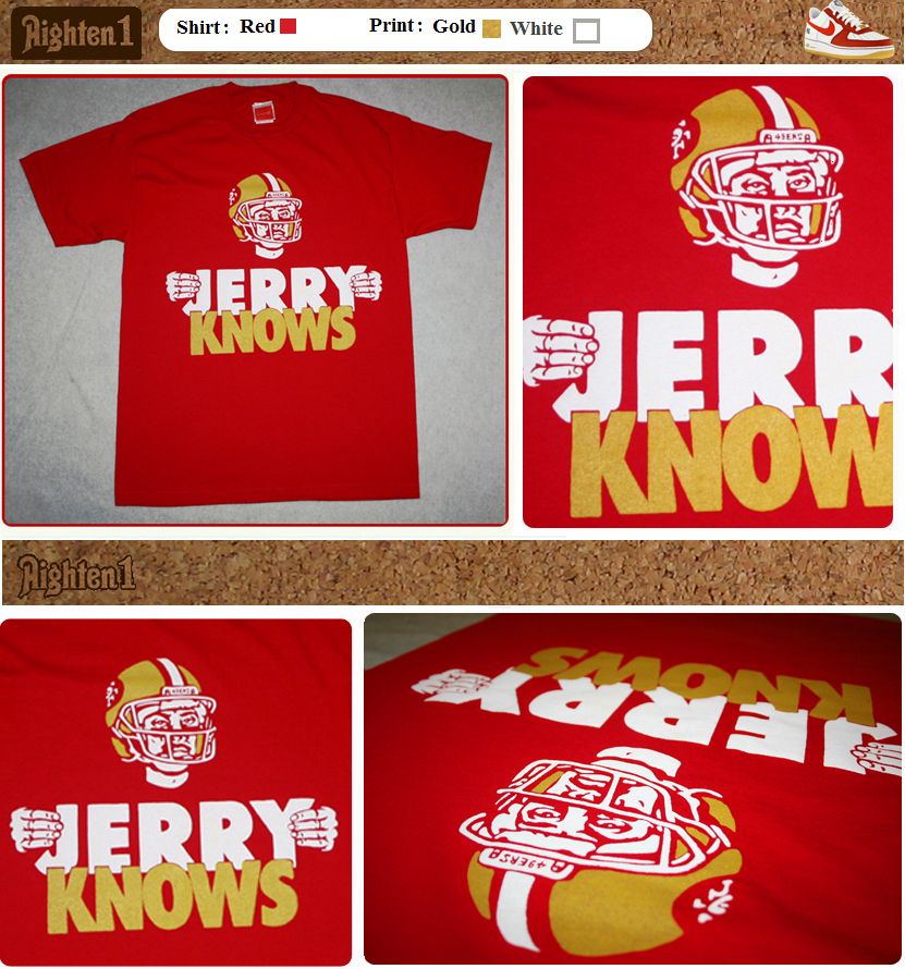  Jerry Knows Red Gold 49ers Shirt Rice Jersey Supreme Alife HUF Tee L
