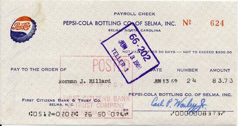  1960 Check Selma North Carolina Bank Cancelled Check Millard