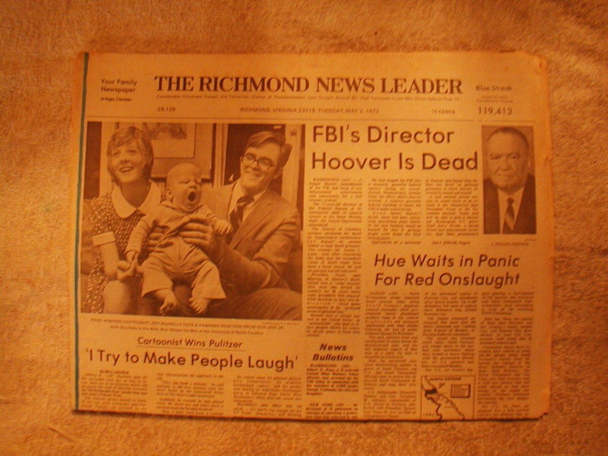 Vintage May 1972 Richmond Newspapers J Edgar Hoover Dies