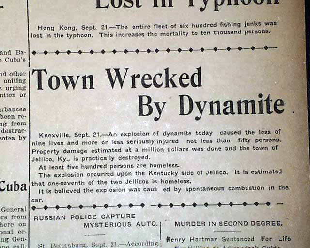 1906 Old Newspaper Jellico KY Kentucky TN Tennessee Dynamite Explosion